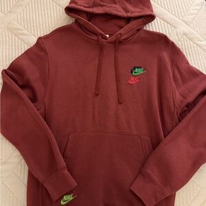 Nike Men's Maroon Hoodie with Green and Pink Accents